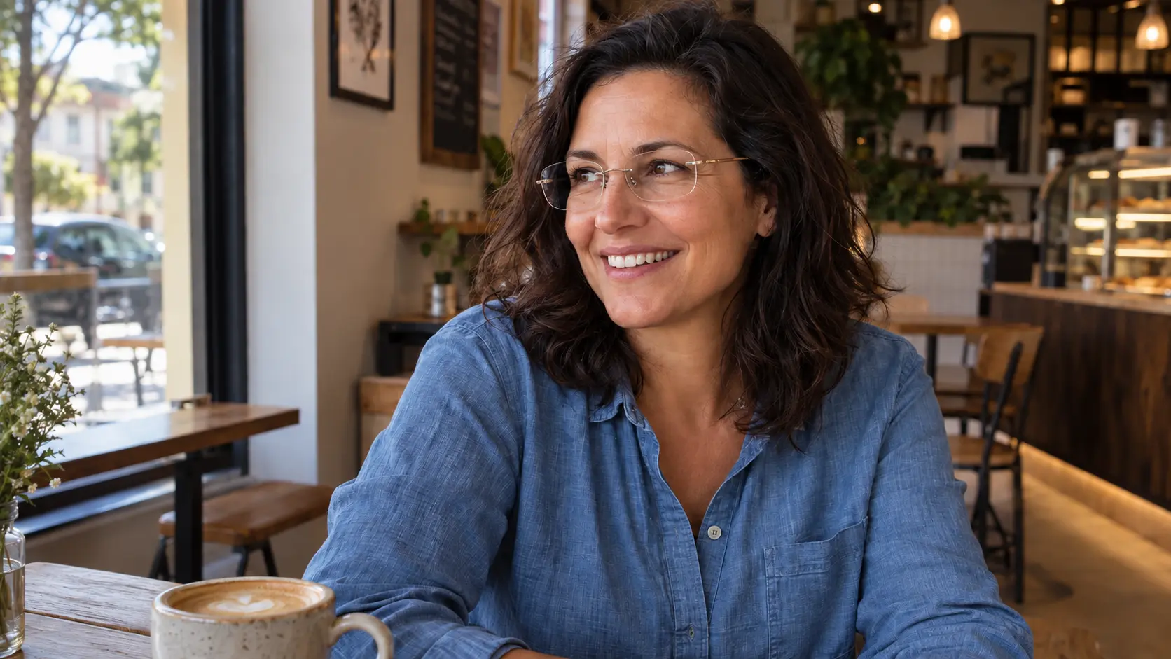A woman wearing rimless glasses at a sunlit café