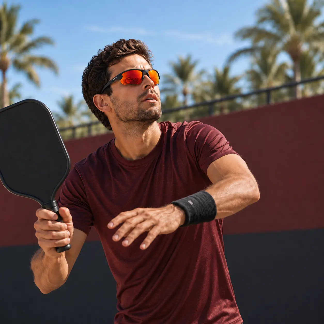 A pickleball player wearing sport eyewear with Fire mirror lenses