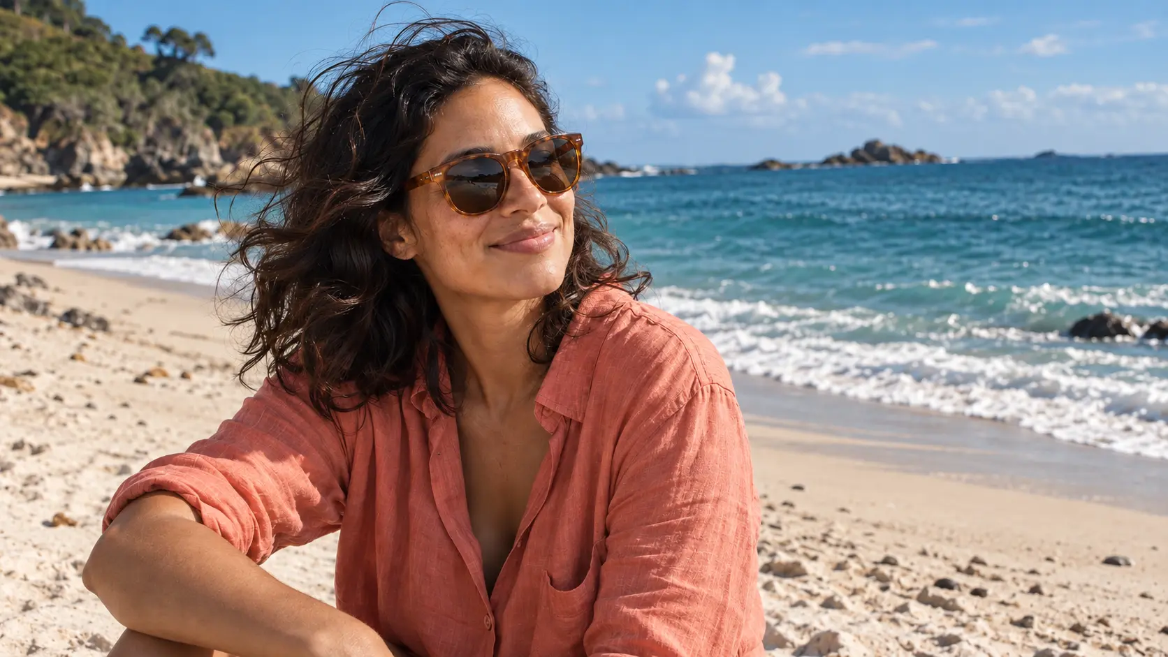 A woman wearing tortoiseshell sunglasses by the ocean