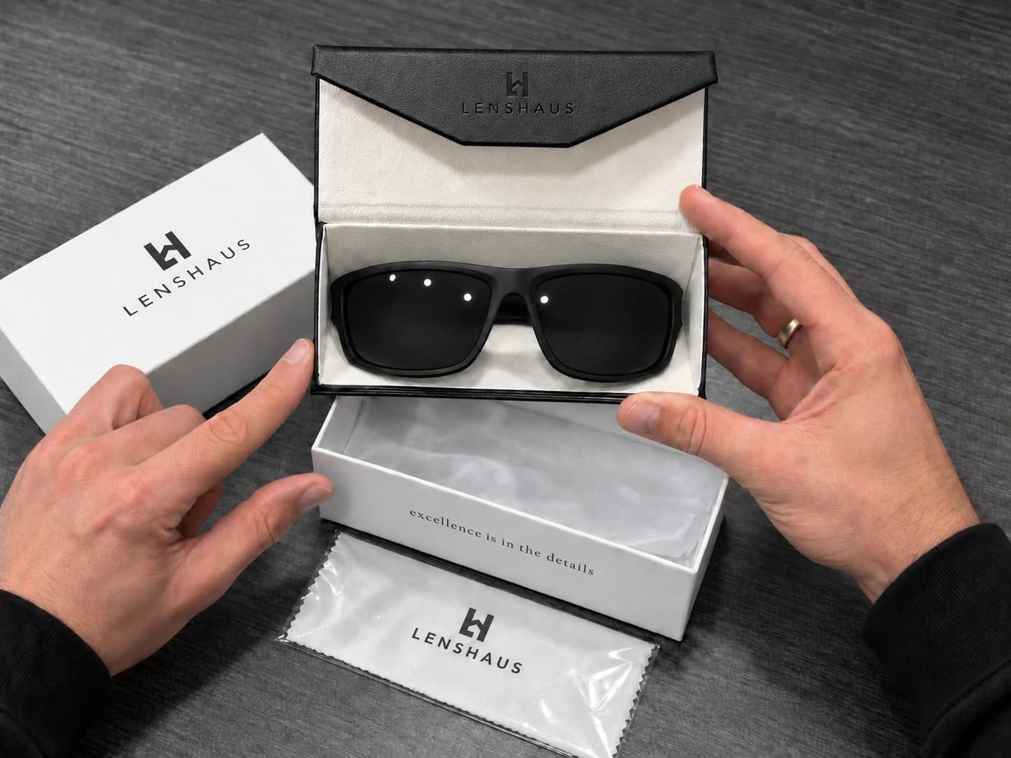 Finished sunglasses returned in a Lenshaus case